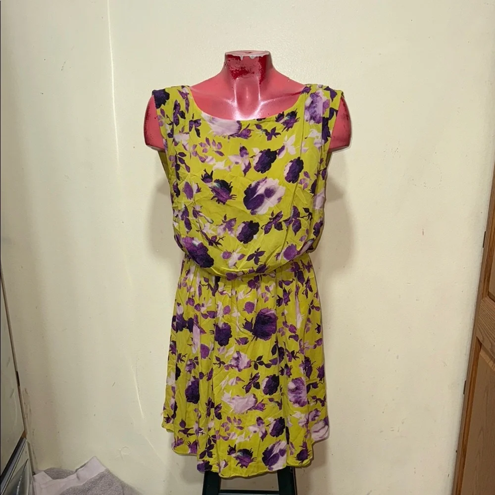 Alice + Olivia Yellow Floral silk, lined Dress with Purple Accents medium